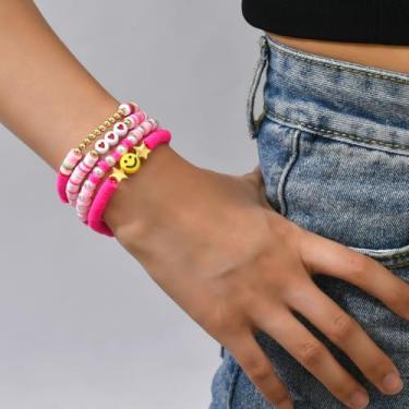 Imagem de Conjunto de pulseiras coloridas com contas para mulheres e meninas, 4 peças, pulseira elástica com pingente de coração e rosto sorridente, lindas pulseiras de argila rosa Heishi, pulseiras de amizade