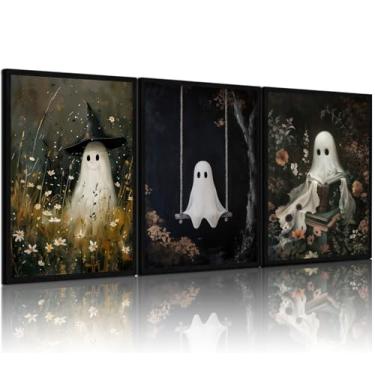 Imagem de RERNIE et of 3 Ghost Wall Art Witch Poster Halloween Bathroom Decor, Arte de parede em tela Gothic Dark Academia, imagens engraçadas de banheiro, decoração de casa de terror assustador 30,5 x 40,6 cm