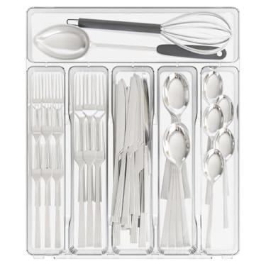 Imagem de Yieach Organizador de talheres grande transparente de 30,5 cm de largura para gavetas de cozinha, bandejas de prata sem BPA, divisórias e suporte de talheres de plástico, organizador de gaveta de