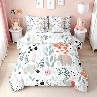 Imagem de Erosebridal Jogo de cama casal, 7 peças, estampa de animais de zoológico, safári com estampa de animais fofos, para meninas e meninos, rosa floral e folhas verdes em um saco, colcha kawaii, decoração