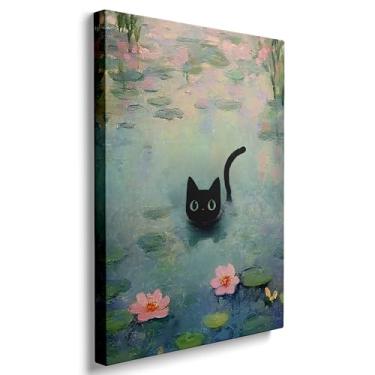 Imagem de DUFIPOR Arte de parede em tela abstrata de gato preto engraçado para quarto, pôsteres vintage de pintura de lírio de água foral para banheiro sala de estar, decoração de escritório, paisagem da