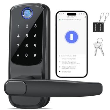 Imagem de SohoTeco Fechadura de porta de entrada sem chave com alça, fechadura WiFi integrada, trava de segurança de impressão digital inteligente para porta da frente, suporta chamada de campainha e