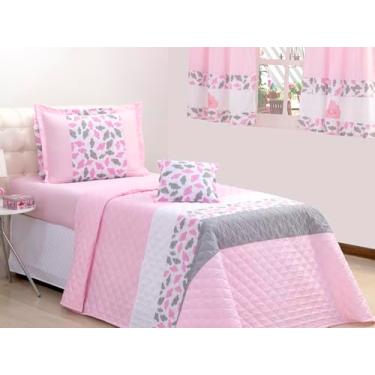 Imagem de Kit 3 Peças Cobre Leito Solteiro Infantil e Juvenil, Colcha com Babados, Rosa, Modelo Meg (Nuvem)