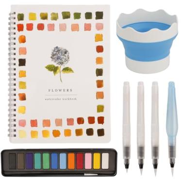 Imagem de Livro de colorir de aquarela, conjunto de pintura de cores de água para adultos, kit de pintura para iniciantes com 12 cores, pincel, lavador de pincéis para adolescentes