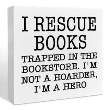 Imagem de I Rescue Books Library Bookshelf Wood Box Decor Accessories Sign, Bookish Wooden Box Sign Decor, Book Lovers Dragon Gifts for Women Bookish Reader Bookworm