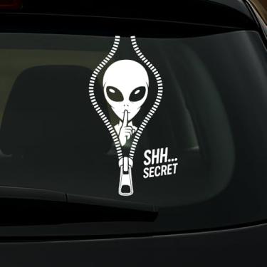 Imagem de Decalque de vinil Alien Secret 17 x 17 cm – Adesivo engraçado com zíper "Shh… Secret" para carro, caminhão, laptop ou janela, branco impermeável resistente a UV durável decoração extraterrestre