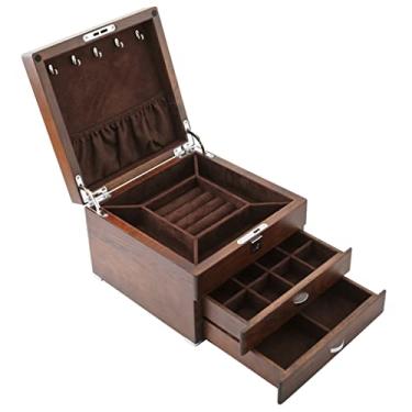 Imagem de 3FLQOOPP Caixa de joias vintage, caixa de joias de madeira de 3 camadas, espelho embutido de grande capacidade com design de cadeado para presentes de aniversário de casamento feminino (Brownb 22 x