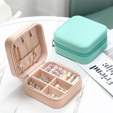 Imagem de Necessaire Mini Porta Joias Portátil Estojo Com Zíper, Organizador com 6 Compartimentos, 10x10x5cm, Interior Rosa, Exterior Verde Água ou Preto, Fecho com Zíper (Rosa Claro)