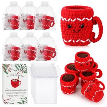 Imagem de Halloscume 6 Sets Christmas Hot Cocoa Gift Set Bulk Funny Handmade Crochet Cocoa Cup with Positive Warm Greeting Cards Organza Bags Coffee Lovers Gifts Party Favors Christmas Home Table Decorations