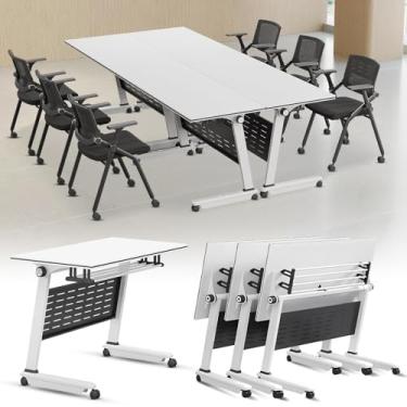Imagem de ZDJZMGZ Mesa de sala de conferências, pacote com 4 mesas de conferência dobráveis para reuniões, mesa de reunião de seminário dobrável moderna com rodas silenciosas, mesa de treinamento branca móvel