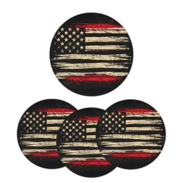 Imagem de Jogo americano redondo trançado de 38 cm, conjunto de 6 tapetes laváveis com bandeira preta, círculo americano, resistente ao calor, para cozinha, mesa de jantar, festa de casamento, decoração de casa