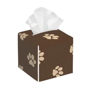 Imagem de Capa quadrada de couro para caixa de lenços de papel à prova d'água, pata de gato, fofo, marrom, organizador de papel facial com cinto inferior, estojo de lenços para mesa, banheiro, escritório, mesa