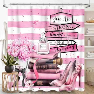 Imagem de Cortina de chuveiro moderna para banheiro, perfume listrado rosa feminino livros de revistas rosa floral cosméticos maquiagem moderna romântica tecido impermeável conjunto de cortina de chuveiro com