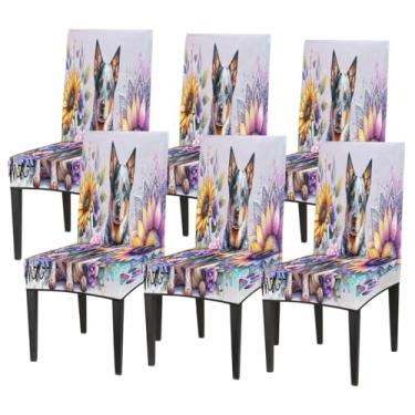 Imagem de hongjinglin Conjunto de 6 capas elásticas para cadeira de sala de jantar, capa protetora de assento de cadeira, linda flor, cão, removível, lavável, para cozinha, casa, hotel, banquete, festa de