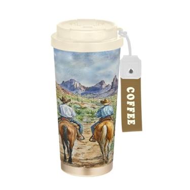 Imagem de SEHANY Caneca de viagem vintage caubói ocidental 482 g xícaras de café reutilizáveis revestidas de cerâmica com tampa à prova de vazamento, parede dupla, isolamento a vácuo, copo de café de aço