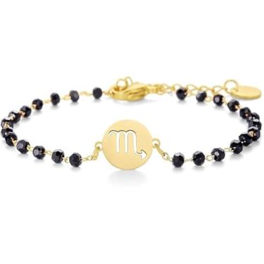 Imagem de Pulseira feminina do signo do zodíaco, pingente de signo do zodíaco de aço inoxidável dourado, pulseira de corrente de contas pretas e signo do zodíaco, presentes adequados para mulheres, One Size