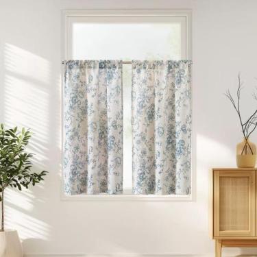 Imagem de Cortinas JINCHAN de Lino Floral, Paneles de 45 cm, Azul sobre Beige, 2