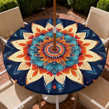 Imagem de COTAIL Toalha de mesa redonda para uso ao ar livre com zíper e orifício para guarda-chuva, toalha de mesa elástica à prova d'água a óleo para pátio, piquenique, acampamento, jardim, serve para mesa