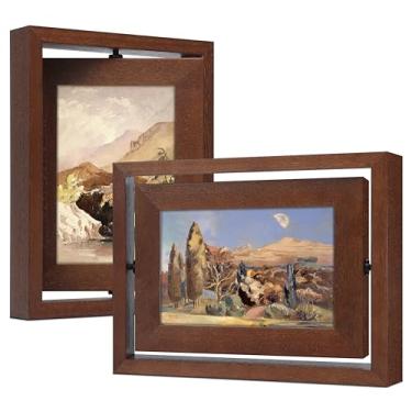 Imagem de Gdfmsc Porta-retrato giratório 12 x 17,8 cm, 2 unidades, tela dupla face, madeira de pinho, vidro real, moldura vertical ou horizontal para mesa, nogueira