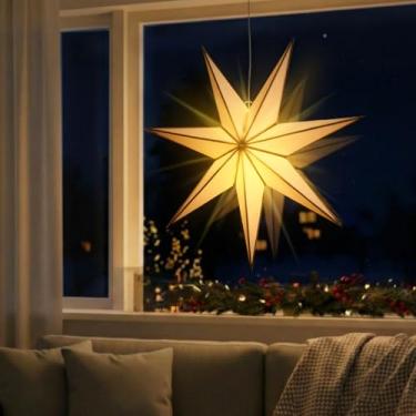 Imagem de Baquler Lâmpada de Natal com estrela da Morávia para uso ao ar livre, com função de temporizador, luz LED branca, estrela pendurada, lanterna de papel para varanda de férias, casa, lareira, decoração