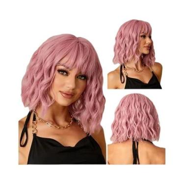 Imagem de Peruca Sintética Curta E Cacheada Rosa Para Mulheres, Resistente Ao Ca