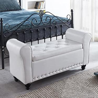 Imagem de FAMEOYA Banco otomano de armazenamento armado de couro PU, banco de armazenamento de braço enrolado, moderno banco de cama tufado, banco de entrada, banco de madeira para sofá, apoio para os pés