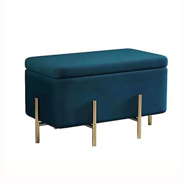 Imagem de FAMEOYA Luxuoso banco otomano de armazenamento de veludo com pés de metal, apoio para os pés otomano estofado contemporâneo, banco de armazenamento macio na extremidade da cama para quarto - azul