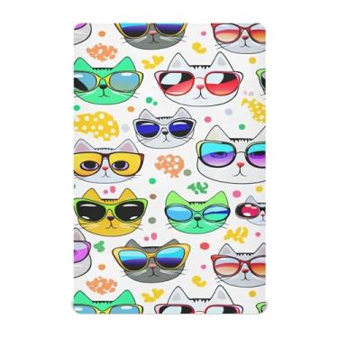 Imagem de Burbuja Lençol de berço com desenho animado de rostos de gato usando óculos de sol para meninos e meninas, lençol com elástico 71 x 132 cm para colchão padrão de berço e cama infantil, macio e