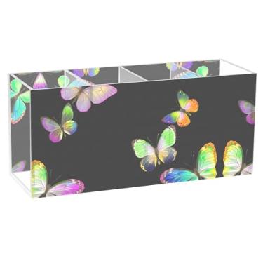 Imagem de Burbuja Porta-canetas de acrílico preto borboletas em 4 compartimentos, suporte de lápis transparente para pincéis de maquiagem fixos, acessórios de mesa de escritório em casa