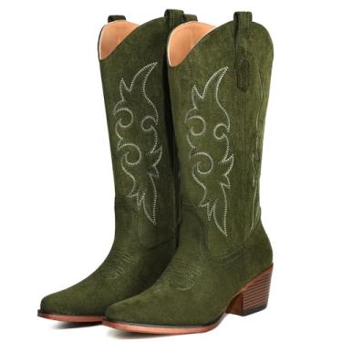 Imagem de IUV Botas de cowboy femininas Western Cowgirl, cano médio, bico curto, salto grosso, Camurça verde, 41