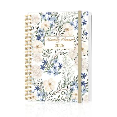Imagem de Agenda mensal 2026 - Calendário mensal de janeiro de 2026 a dezembro de 2026, agenda com bolso interno, faixa elástica, 14,7 cm x 21,6 cm, flor esmagada