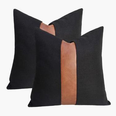 Imagem de Conjunto de capas de travesseiro cygnus Black Linen Patchwork Faux Lea