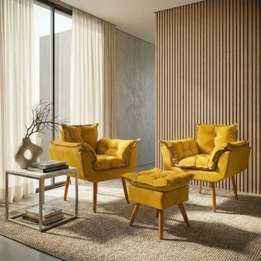 Imagem de Kit 2 Poltronas Decorativa e Puff Para Sala Recepção Manicure Consultório Quarto Alice Tecido Suede