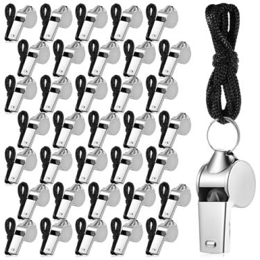 Imagem de Josojoou Apito de aço inoxidável de 36 peças para treinadores com cordão, apitos esportivos a granel para adultos, apito de árbitro de metal alto para professores, treinadores, polícia, árbitros