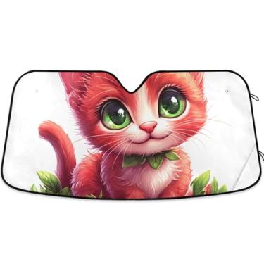 Imagem de Guarda-sol de carro com estampa de gato morango fofo para para-brisa protetor solar de caminhão retrátil personalizado para para-brisa dianteiro de carro S, 134,6 cm x 59,7 cm