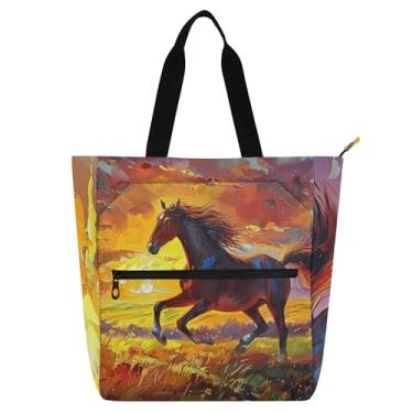 Imagem de Sacola feminina de lona com zíper e estampa de cavalos galopando campos de pintura para mulheres e crianças, presentes para amantes de livros