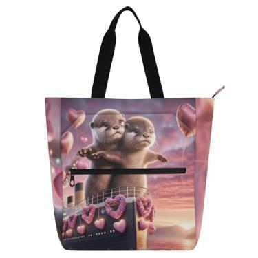 Imagem de GAIGEO Romântico Otter Titanic Love Book Tote Bag com zíper para mulheres, crianças, adolescentes, escola, trabalho, viagens