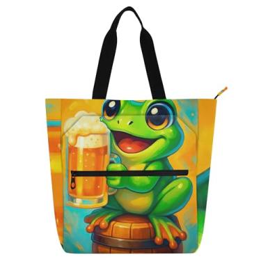 Imagem de GAIGEO Sacolas femininas fofas de sapo verde com barril de madeira para trabalho, lona, escola, bolsa de livros, bolsas para professores, amantes de livros