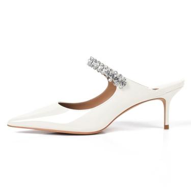 Imagem de XINIUNIU Mules de salto feminino com tiras de cristal, bico fino, sandália sem cadarço para mulheres com strass, 6,5 cm, branco, 7