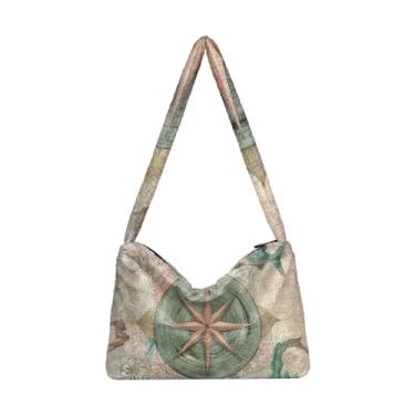 Imagem de GAIGEO Bolsa de ombro feminina com desenho de gato em azul e preta, bolsa de ombro com zíper, bolsa feminina para uso ao ar livre, Prato vintage de vida marinha, estrela-do-mar e peixe pequeno, One