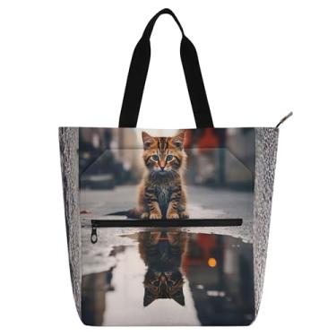 Imagem de GAIGEO Lindas bolsas de trabalho com reflexão de rua gatinho para mulheres, bolsa de lona universitária, bolsas para professores, amantes de livros