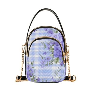 Imagem de Flores azuis e folhas verdes em crossbody feminino xadrez azul, bolsa de ombro transversal, bolsas de ombro para mulheres modernas, Flores azuis e folhas verdes em xadrez azul - 2, One Size