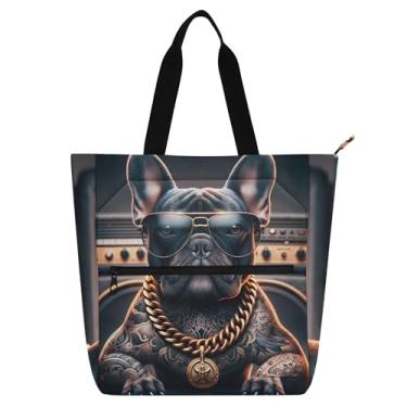 Imagem de GAIGEO Bolsa feminina de lona com zíper para trabalho com tatuagem de buldogue, bolsa de praia, presente infantil para amantes de livros