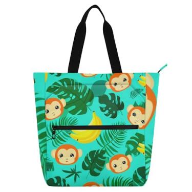 Imagem de GAIGEO Lindos desenhos animados macaco banana azul-petróleo bolsas de trabalho para mulheres, bolsa de lona com zíper, bolsa mensageiro, presente para amantes de livros