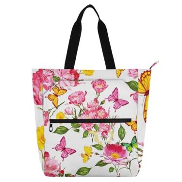 Imagem de GAIGEO Sacolas femininas de flores borboletas rosa para trabalho de lona com zíper bolsa de praia para professores com compartimentos