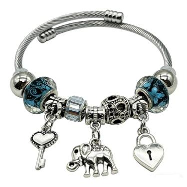 Imagem de Bshpima Pulseira feminina prateada - Pulseira ajustável de aço de titânio com pingente de árvore da vida/coração/urso e contas de cristal, kit de joias com tema de amor, lembrancinhas perfeitas para