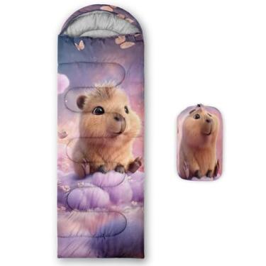 Imagem de AILONEN Saco de dormir de capivara de desenho animado para meninos e meninas, clima quente e frio, leve, mochila à prova d'água, saco de dormir animal roedor borboleta nuvem sonhadora para acampamento