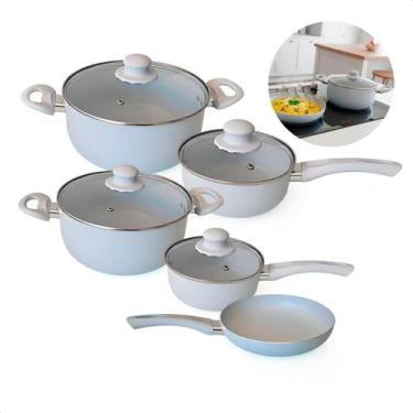 Imagem de Jogo De Panelas Indução Antiaderente Cerâmica 5 Peças Cinza Tampa De V