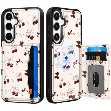 Imagem de Uppuppy Capa para Samsung Galaxy S25 Plus/S24 Plus com carteira - Compatível com MagSafe Cute Women Girls Couro Estético Titular Cartão de Crédito Capa para celular para S25Plus/S24Plus, Bow Cherry