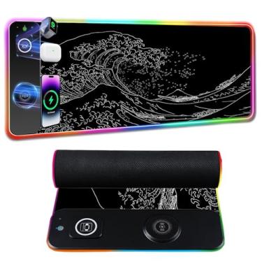Imagem de Mouse pad japonês Sea Wave 3 em 1 com carregamento sem fio 15W, mouse pad RGB para jogos com carregador sem fio para iPhone/Airpods, tapete de mesa grande, 14 modos de luz, carregamento magnético,